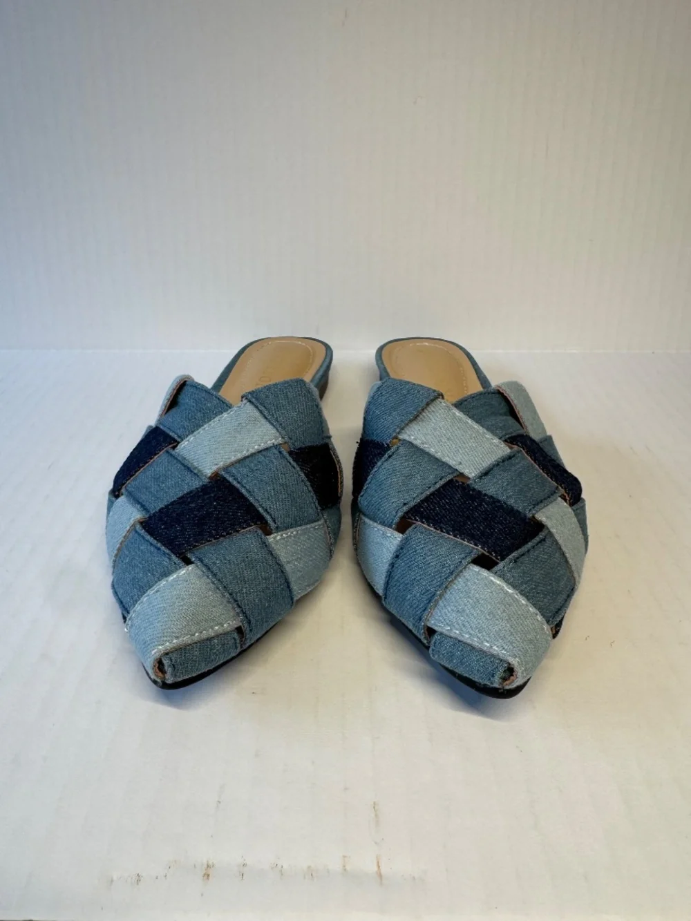 Woven Denim Mule Slides | Pointed Toe Flats | Size 6 | Blue Patchwork